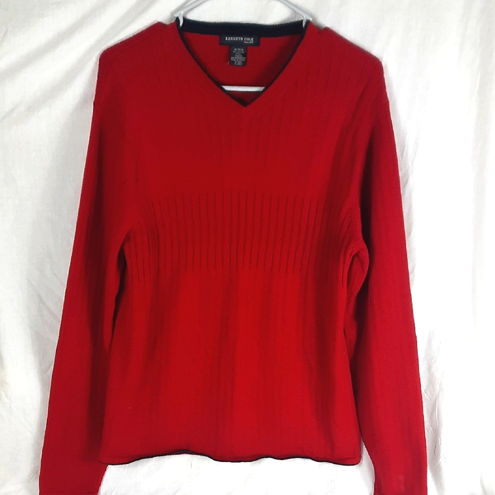 Kenneth Cole New York Mens Long Sleeve Sweater Medium Red Ridged Textured Cotton